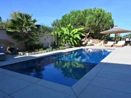 Pool mit heller Terrasse und mediterraner Bepflanzung