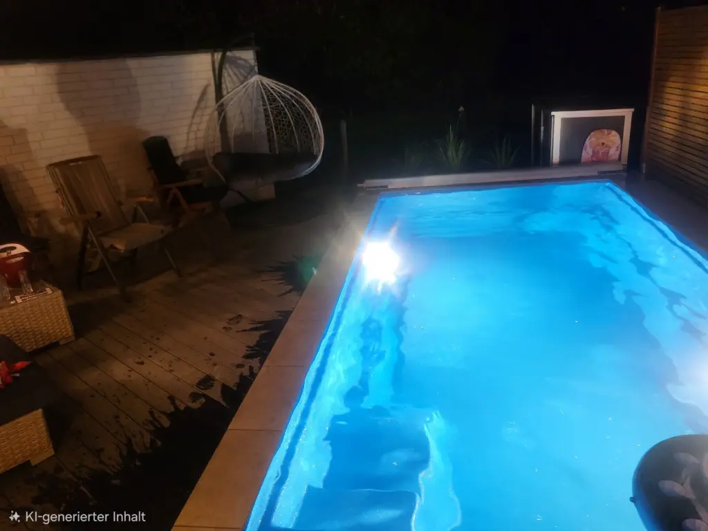 Kompakter Salzwasserpool mit Holzterrasse