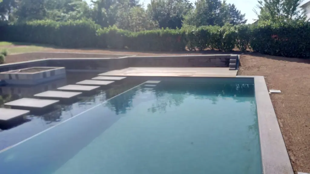Hybridpool mit Natursteinelementen und Holzterrasse