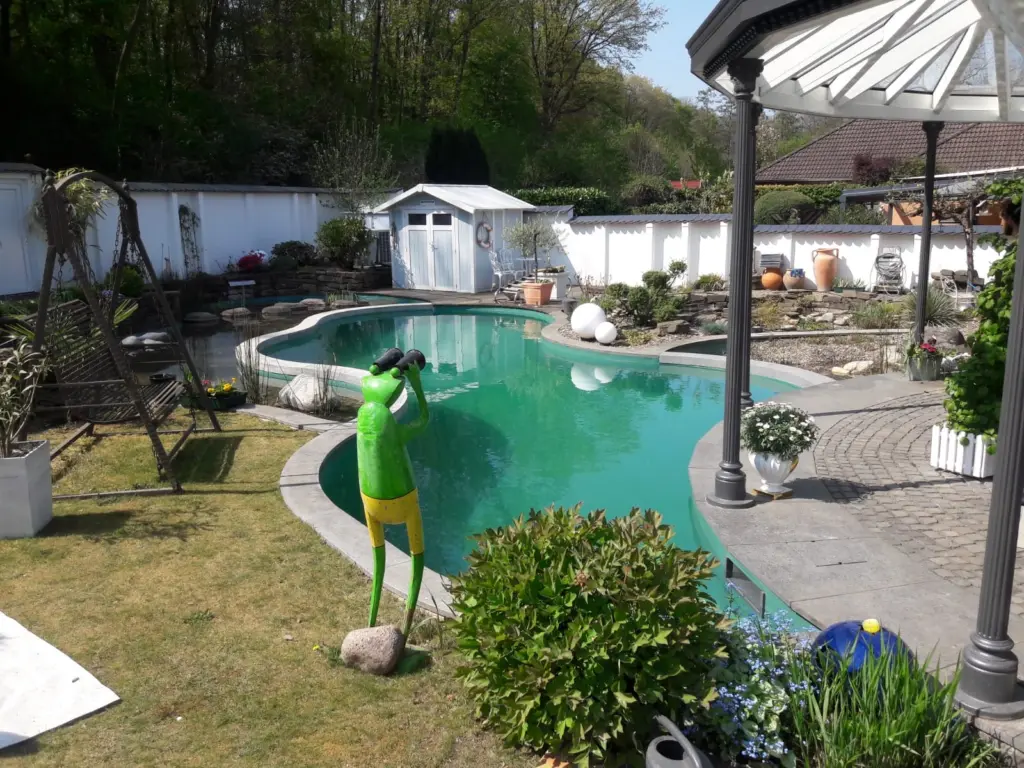 Schwimmteich mit geschwungener Badezone und Uferbereich