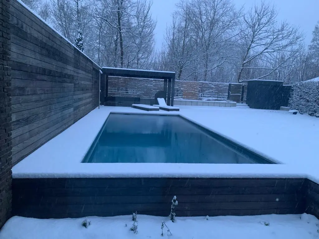Moderner Pool mit Holzterrasse und Loungebereich