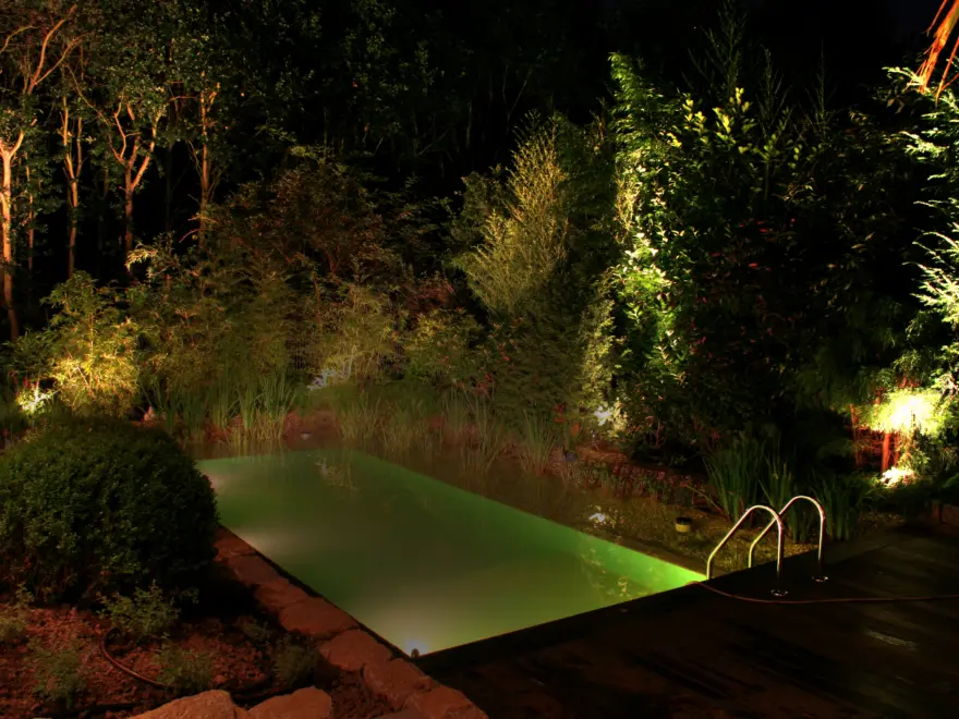 Schwimmteich mit Gartenbeleuchtung und bepflanztem Uferbereich