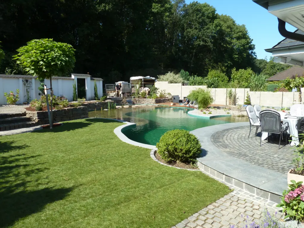 Schwimmteich mit geschwungener Badezone und Uferbereich
