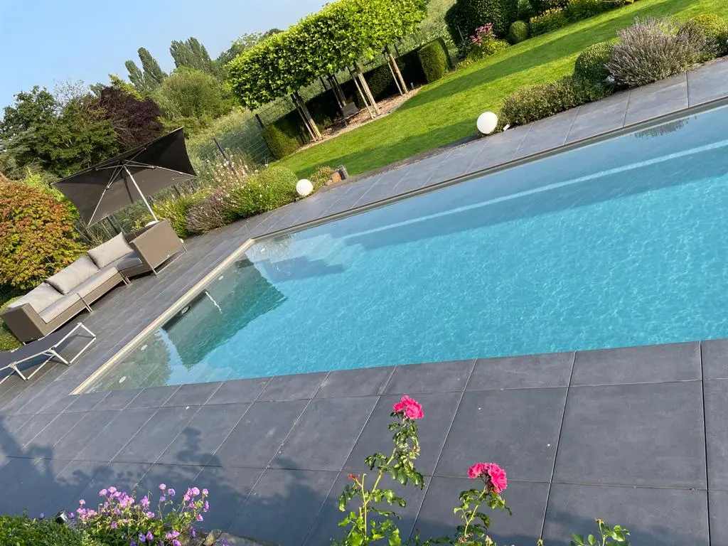 Geradliniger Pool mit bepflanztem Gartenumfeld
