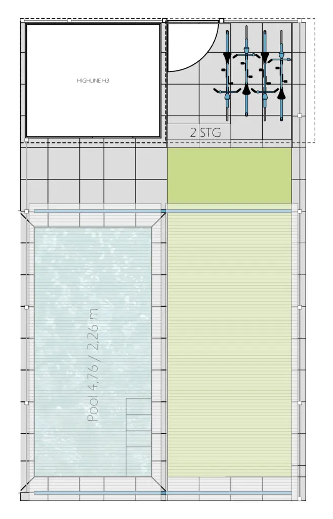 Planungsskizze des kompakten Stadtpools mit verschiebbarer Holzabdeckung